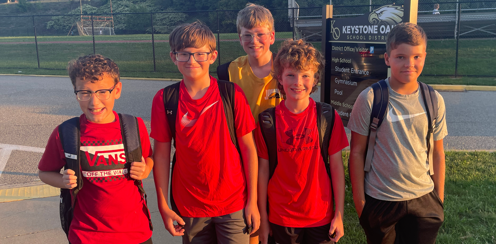 Five Keystone Oaks Middle School students on the first day of school