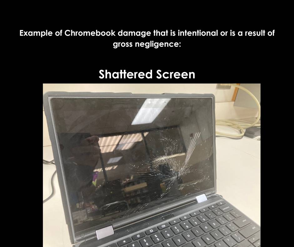 Example of Chromebook damage that is intentional or is a result of gross negligence: Shattered Scree