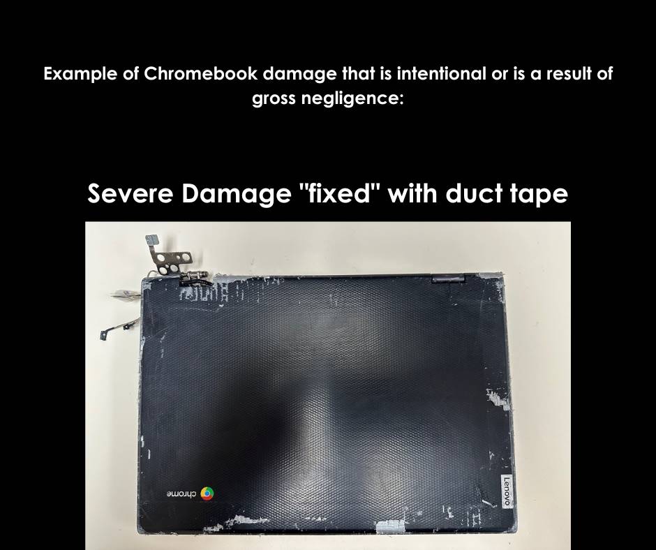 Example of Chromebook damage that is intentional or is a result of gross negligence: Severe damage "