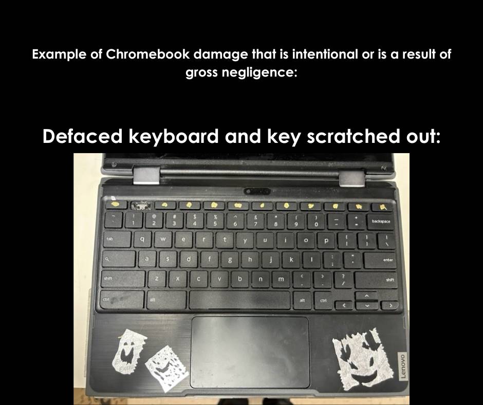 Example of Chromebook damage that is intentional or is a result of gross negligence: Defaced keyboar